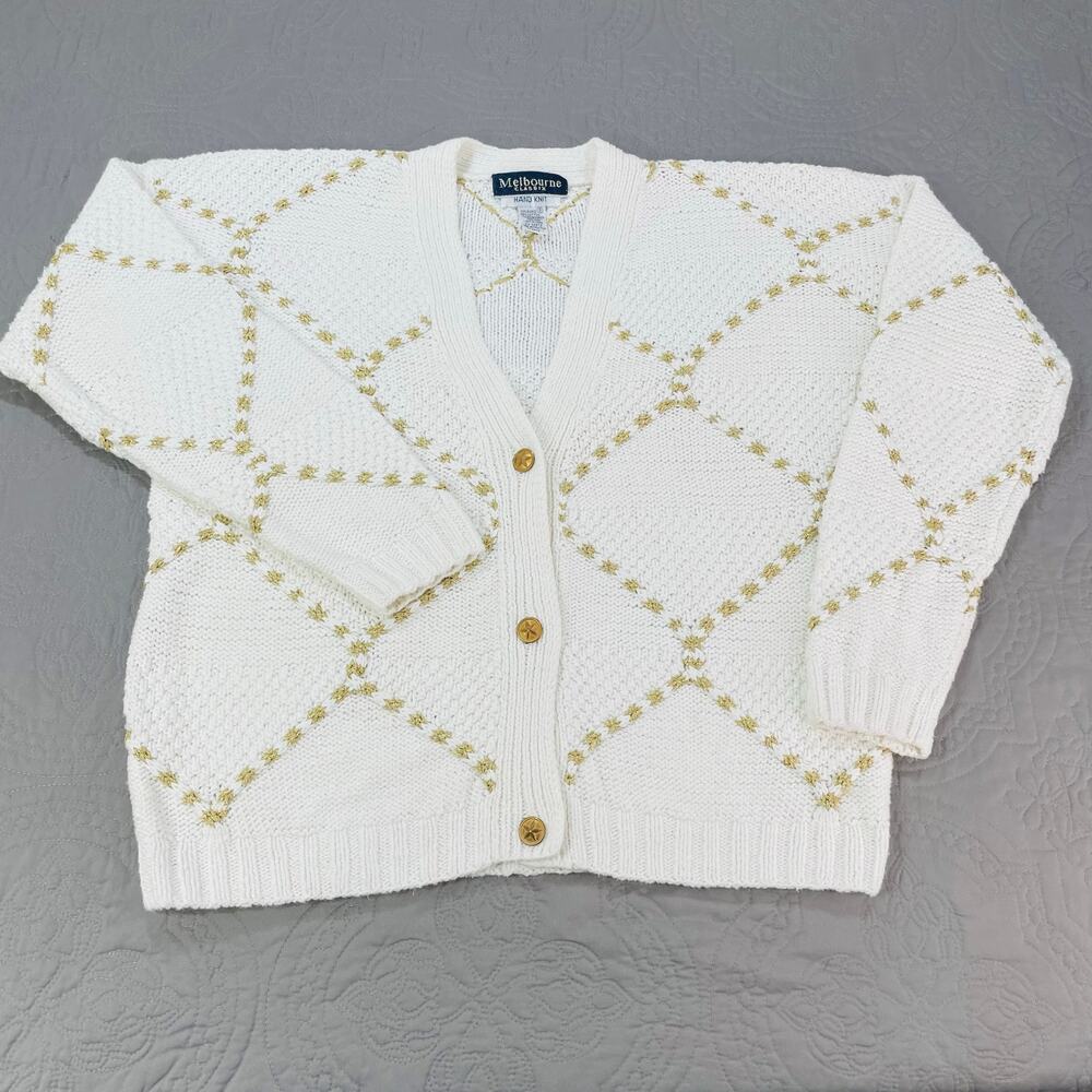 Melbourne Classix Hand Knit Cardigan Sweater Womens‎ Small White Gold Cage Cable